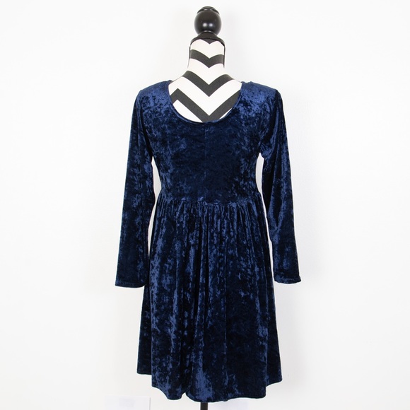 Vintage 80’s City Sites Navy Blue Crushed Velvet Long Sleeved Mini Dress - Picture 3 of 9